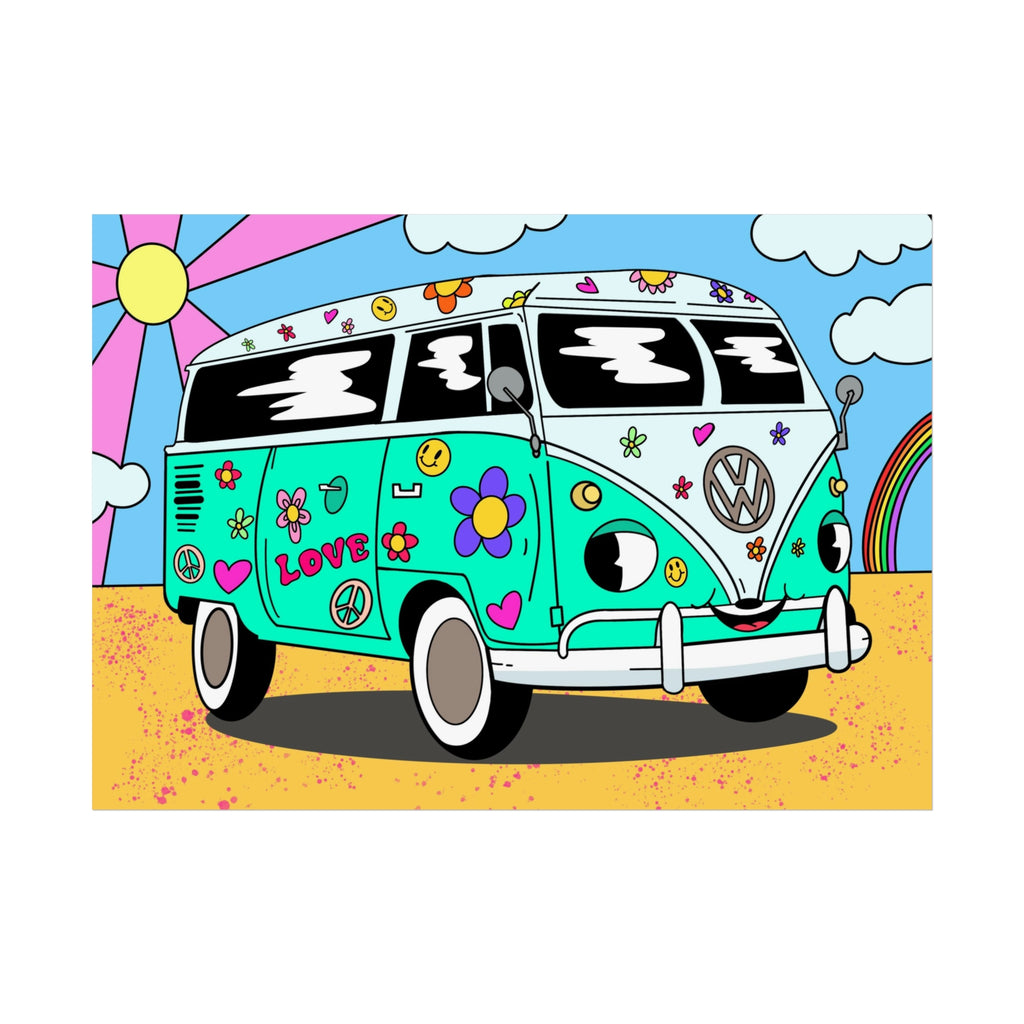 Retro Hippie Van Fine Art Poster — Colorful Peace & Love VW Bus Wall Art