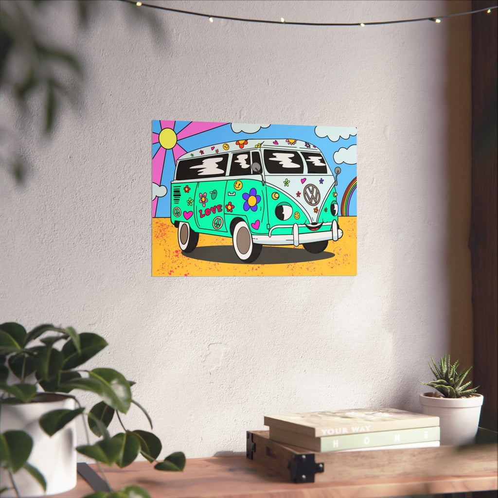 Retro Hippie Van Fine Art Poster — Colorful Peace & Love VW Bus Wall Art