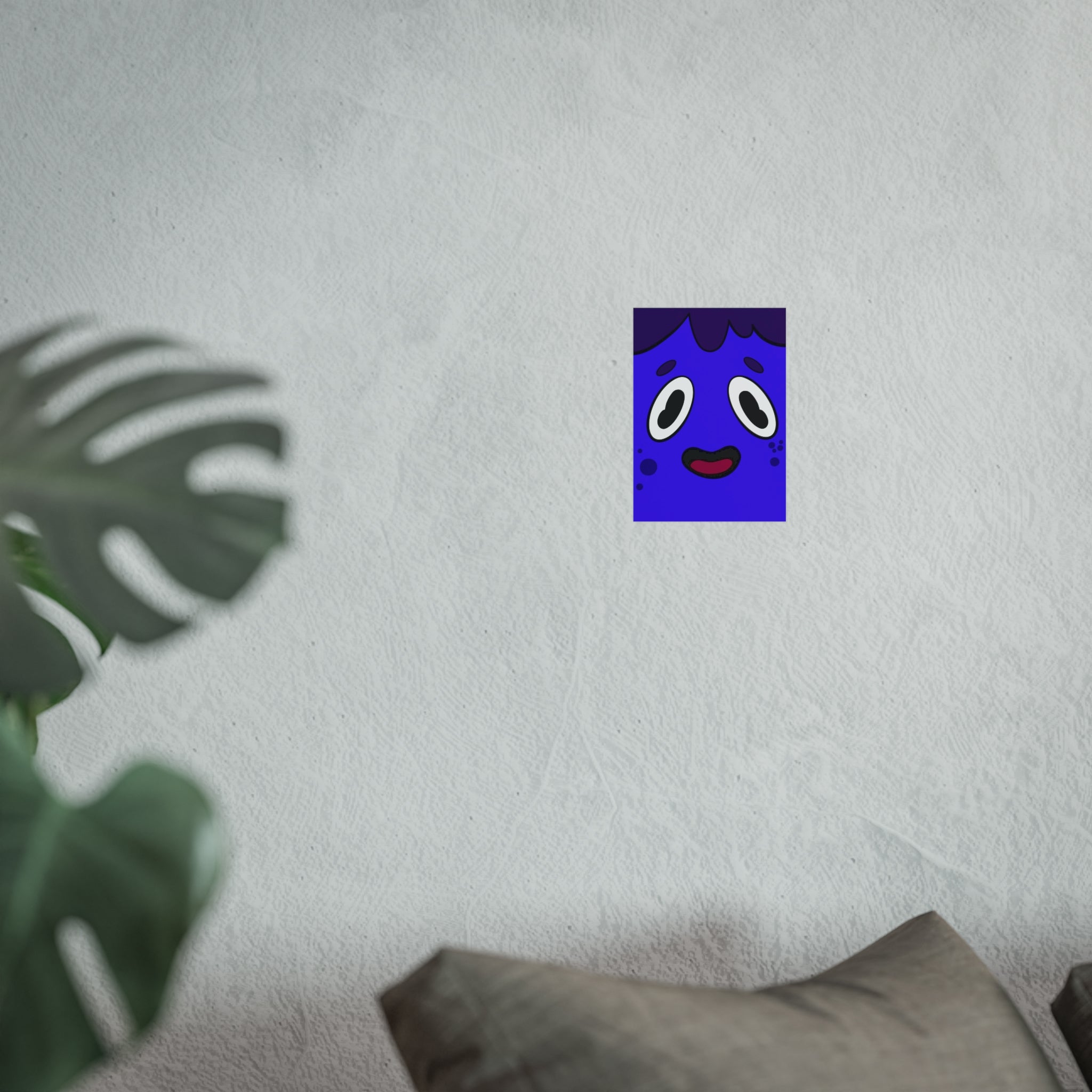 Cute Blue Cartoon Face Fine Art Poster — Playful Nursery Wall Art