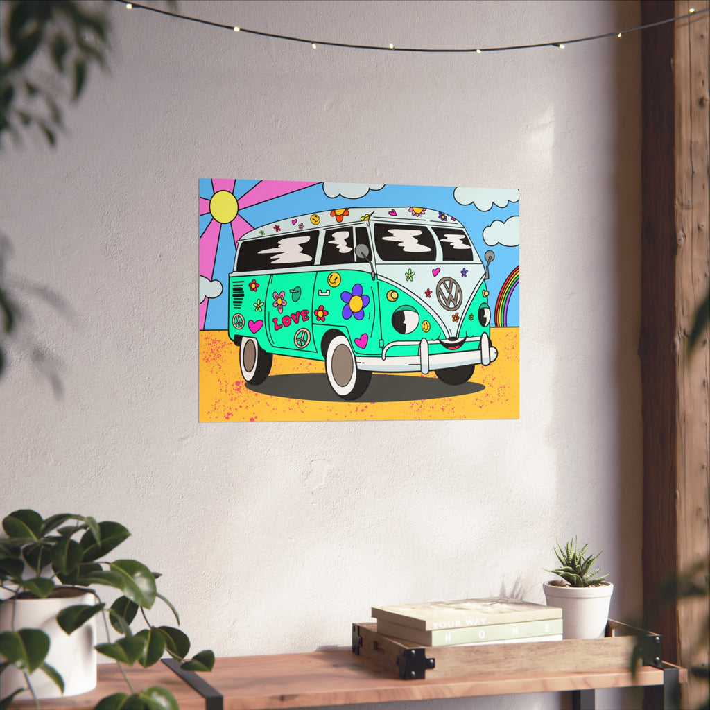 Retro Hippie Van Fine Art Poster — Colorful Peace & Love VW Bus Wall Art