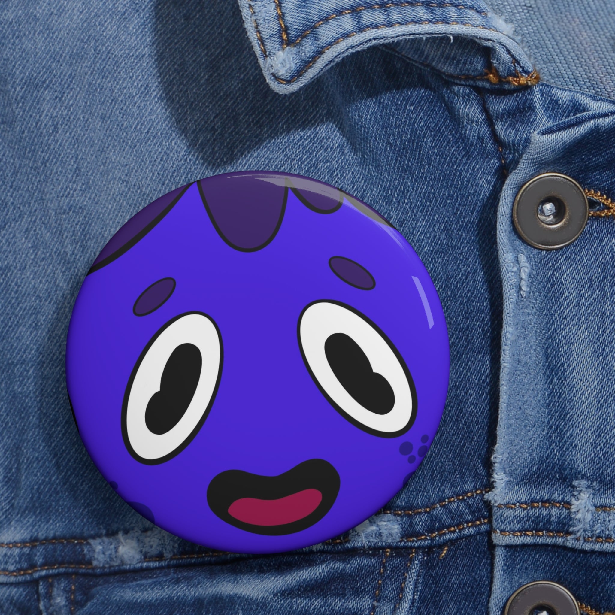Cute Purple Monster Pin Button — Kawaii Cartoon Face Enamel Style Badge