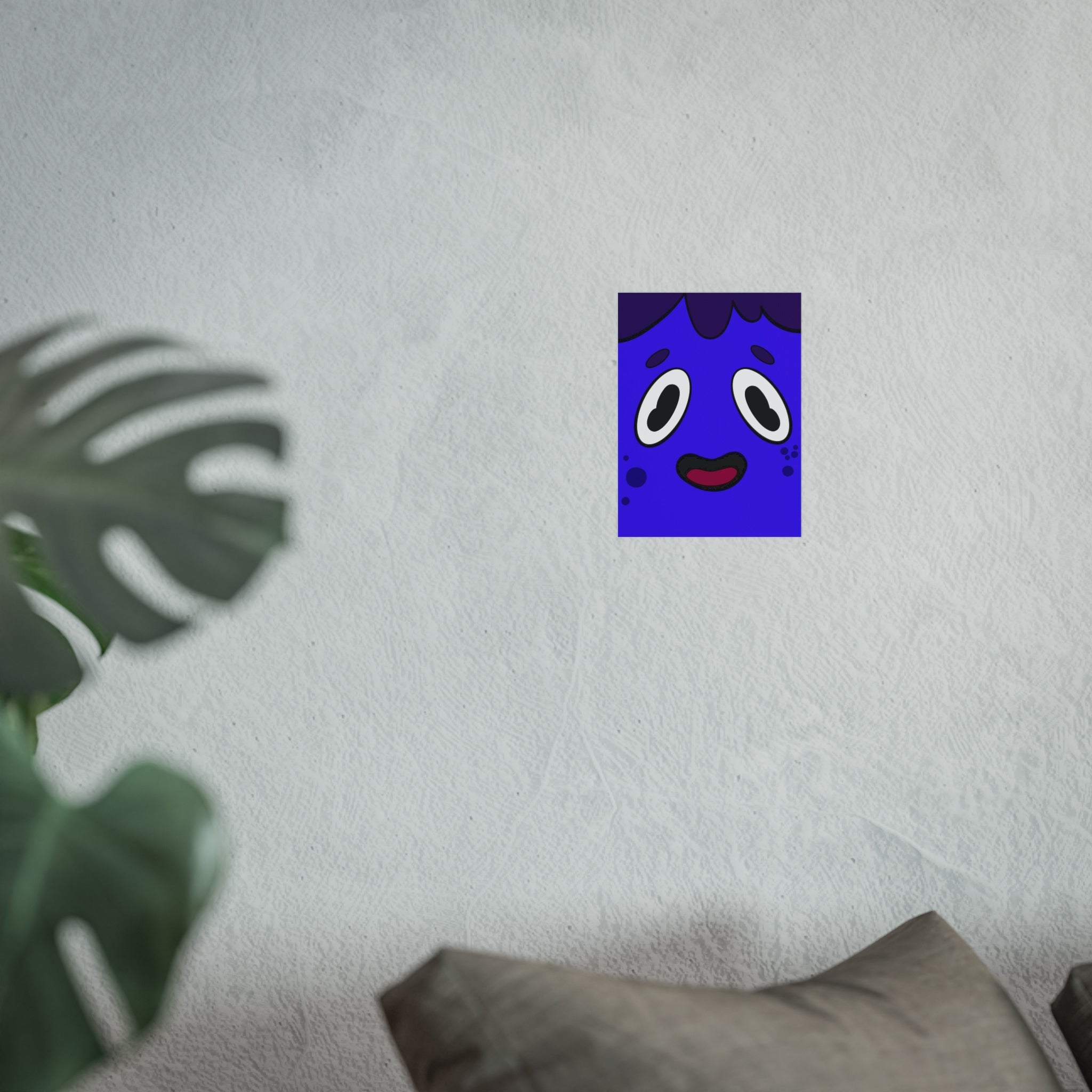 Cute Blue Cartoon Face Fine Art Poster — Playful Nursery Wall Art