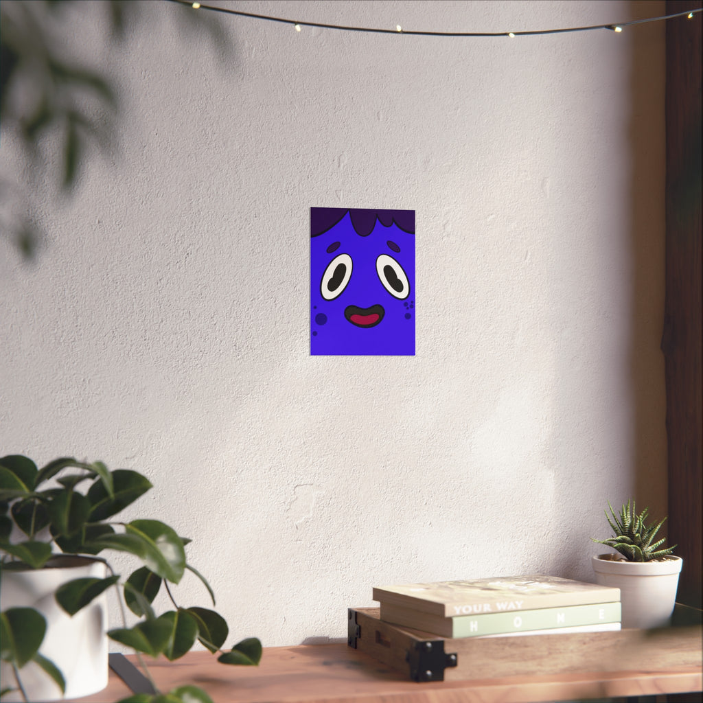 Cute Blue Cartoon Face Fine Art Poster — Playful Nursery Wall Art
