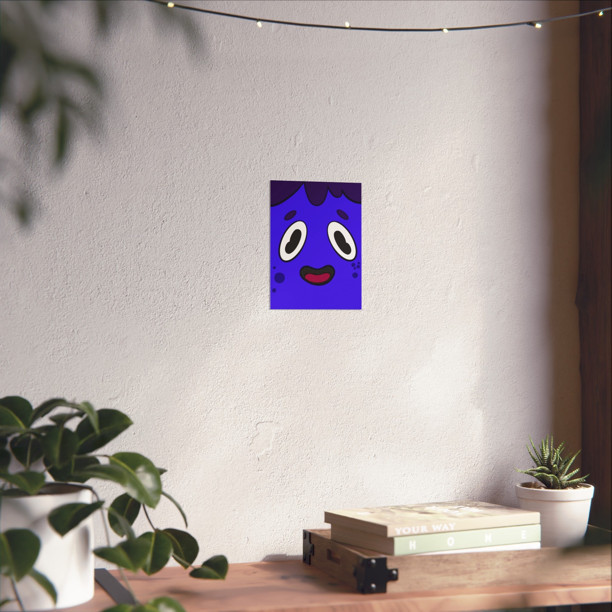 Cute Blue Cartoon Face Fine Art Poster — Playful Nursery Wall Art
