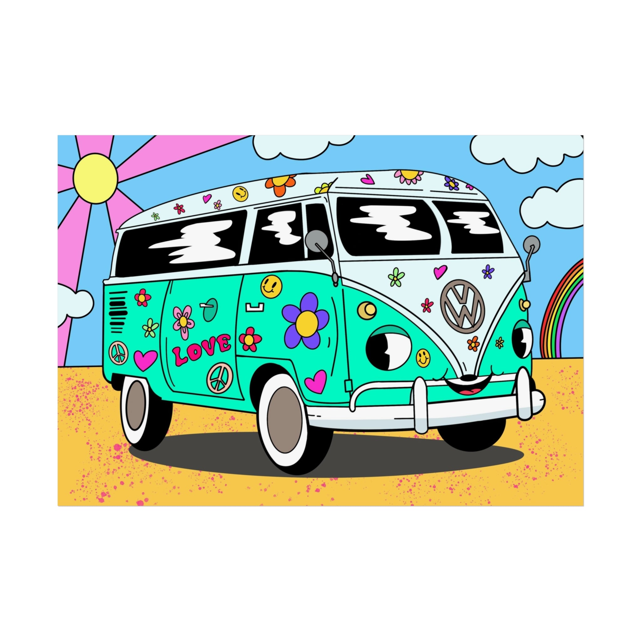 Retro Hippie Van Fine Art Poster — Colorful Peace & Love VW Bus Wall Art