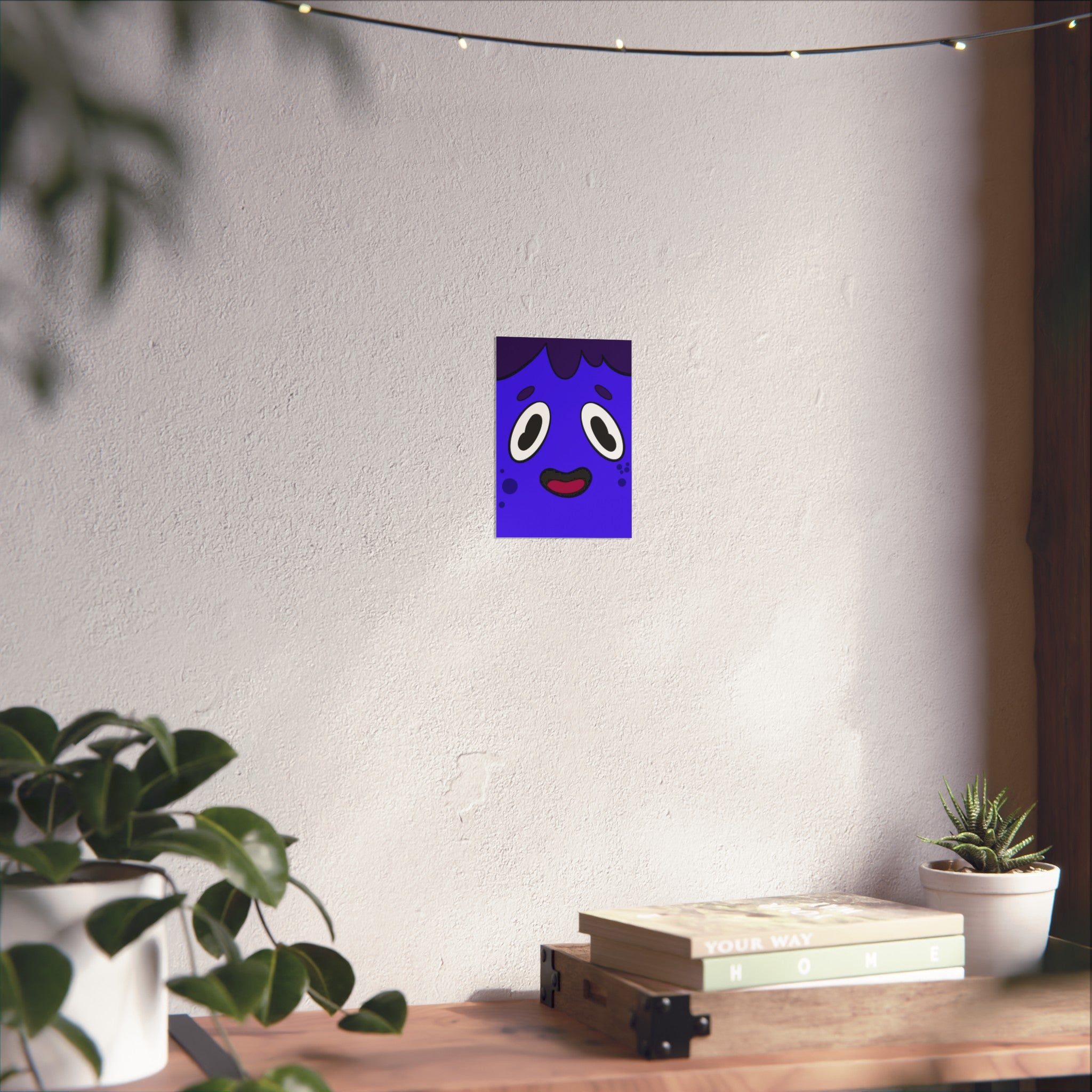 Cute Blue Cartoon Face Fine Art Poster — Playful Nursery Wall Art