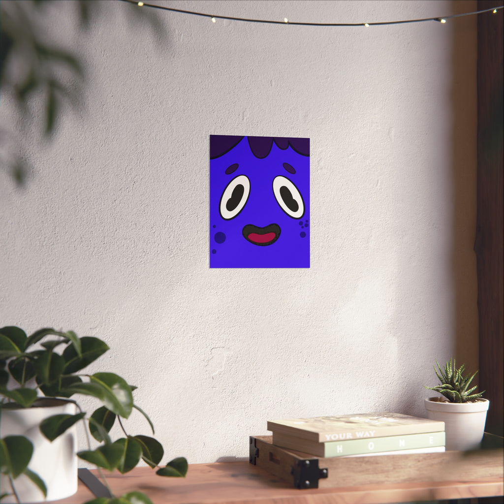 Cute Blue Cartoon Face Fine Art Poster — Playful Nursery Wall Art