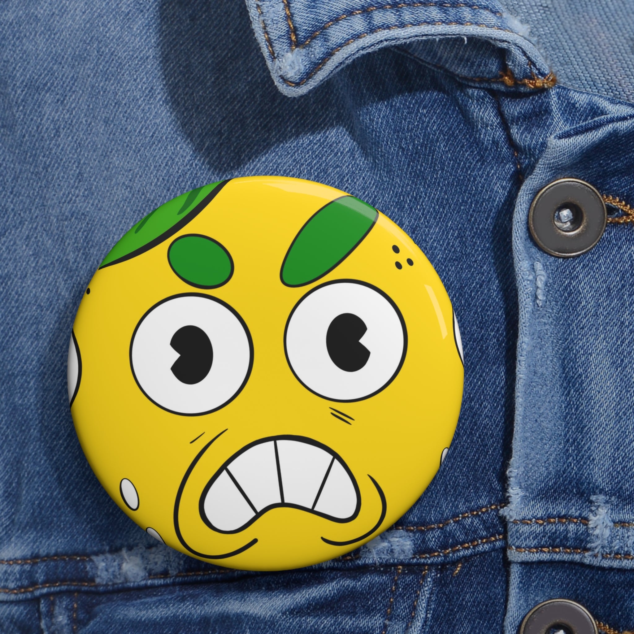 Emo Citrus Face Pin Button – Funny Yellow angry lemon Badge
