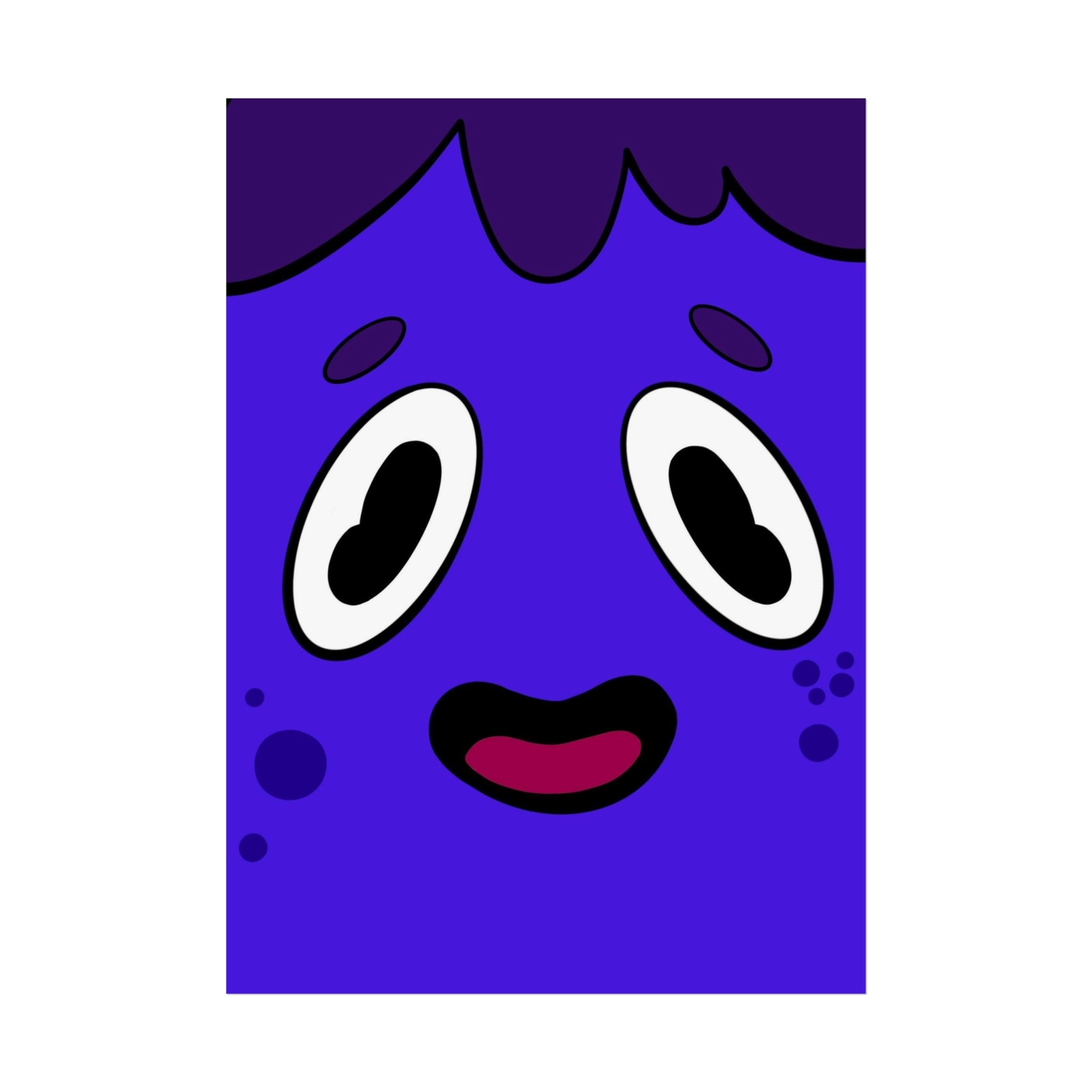 Cute Blue Cartoon Face Fine Art Poster — Playful Nursery Wall Art